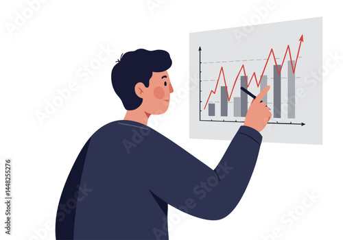 A man presents a rising graph, indicating growth and success. Clean, modern style. Ideal for business, finance, and marketing concepts.