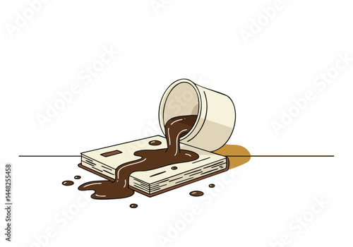 Spilled coffee ruins a book and glasses. A relatable mishap illustrating frustration or carelessness. Flat lay, modern style, suitable for conceptual imagery.
