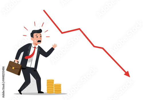 A stressed businessman frantically runs away from a sharply declining graph. He clutches a briefcase, conveying financial worry and market downturn.  Dramatic, impactful visual.