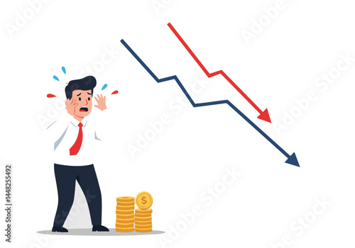 A stressed businessman stares in dismay at a sharply declining graph, clutching a stack of coins. Illustrates financial loss and worry. Clean, modern style.
