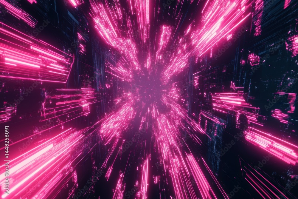 Obraz premium Abstract Pink Light Speed Data Stream Tunnel Visualisation for Digital Backgrounds