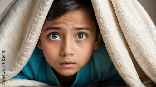 A young child hiding under a blanket, peering out with wide, fearful eyes