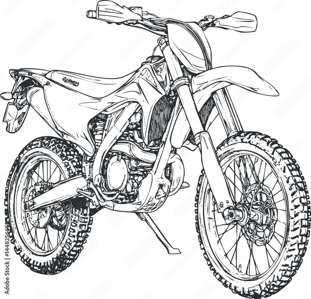 Black and white sketch of an off-road dirtbike motorcycle with knobby tires and suspension details
