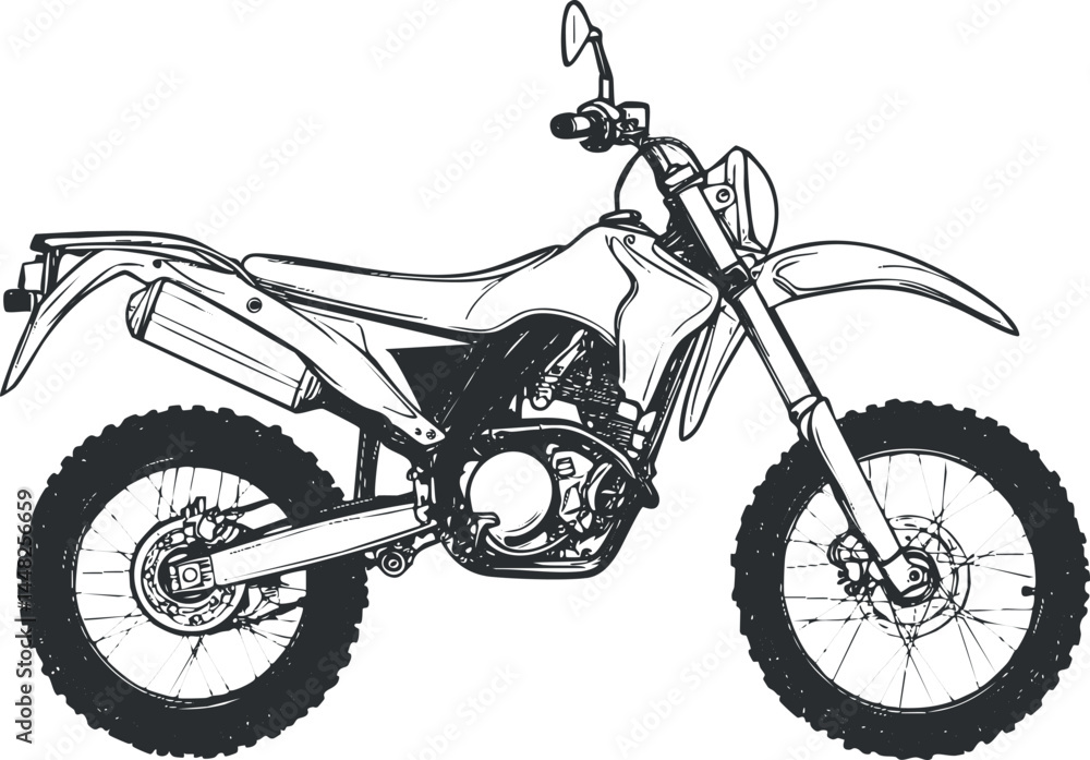 Obraz premium Black and white illustration of an offroad dirtbike motorcycle with detailed wheels and engine