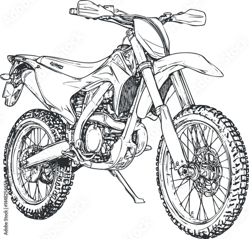 Black and white sketch of an off-road dirtbike motorcycle with knobby tires and suspension details