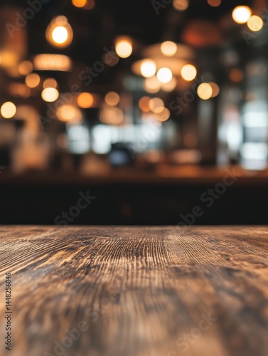 Wooden Tabletop with Blurred Lights Background Perfect for Product Mockups and Presentations