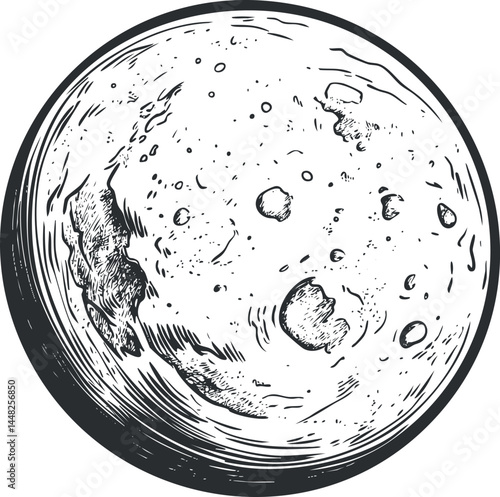 Black and white detailed hand-drawn illustration of the moon showing craters and surface texture