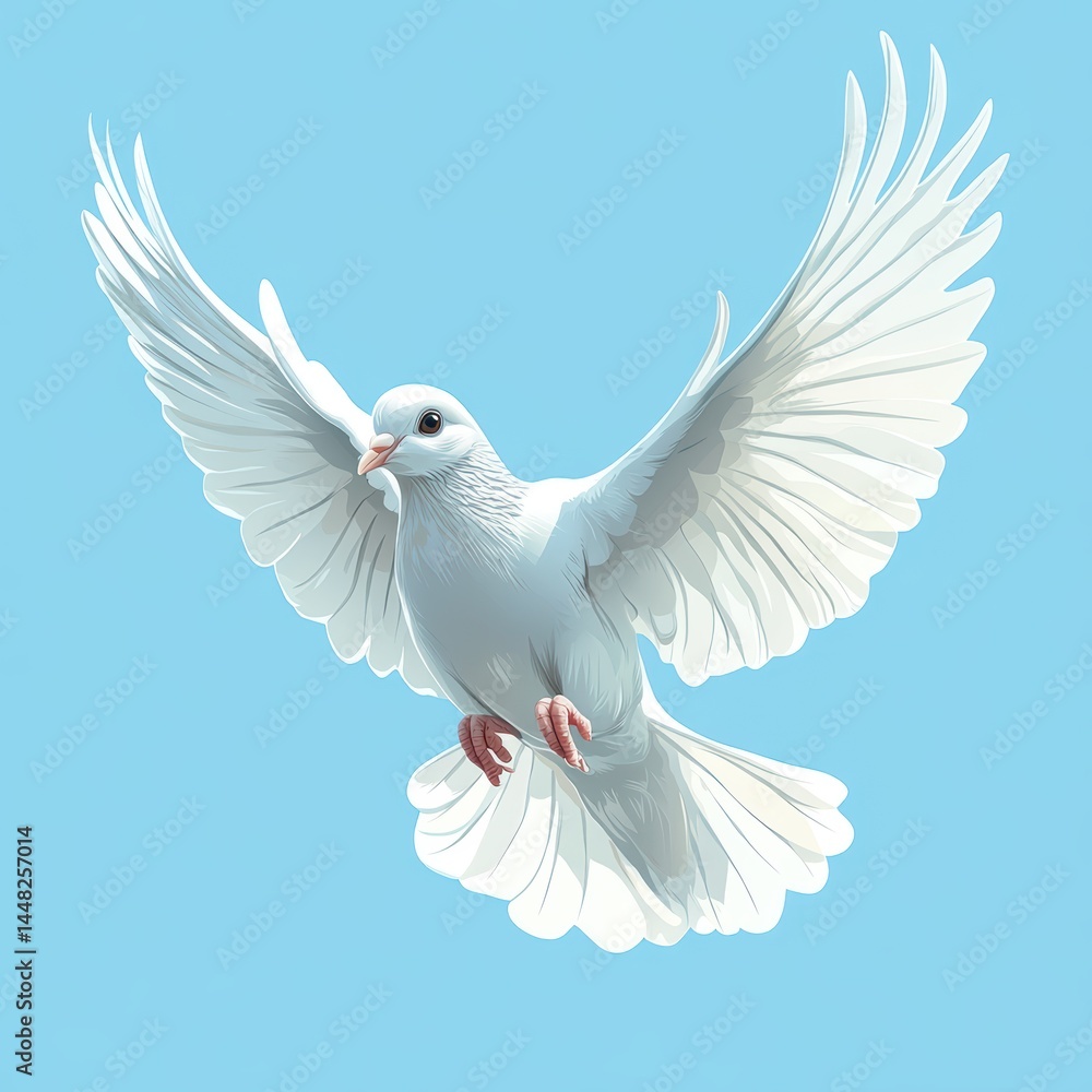 Graceful white dove, a symbol of peace, takes flight with its wings against the blue sky Graceful white dove, a symbol of peace, takes flight with its wings against the blue sky