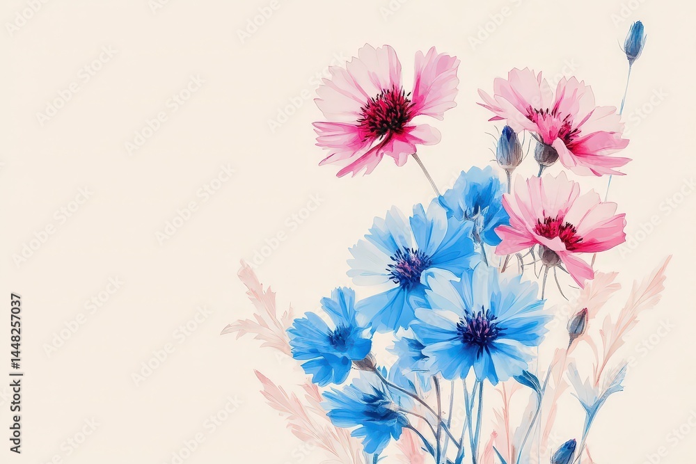 Obraz premium Delicate bouquet of pink and blue flowers against a soft background.