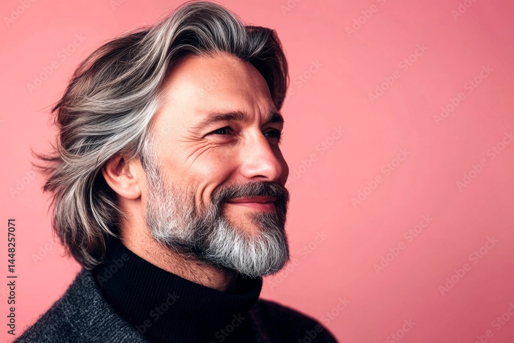 Pink solid background. Idea of style for aging men. A confident man making a stylish impression. Fashionable men's high and tight haircut - midlife white man with hair.