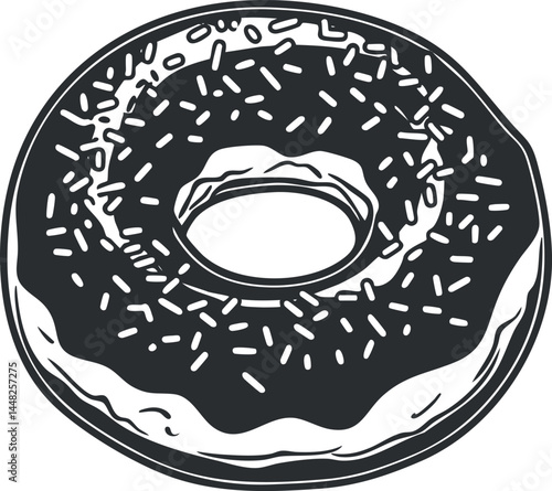 Black and white illustration of a chocolate glazed donut with colorful sprinkles on top