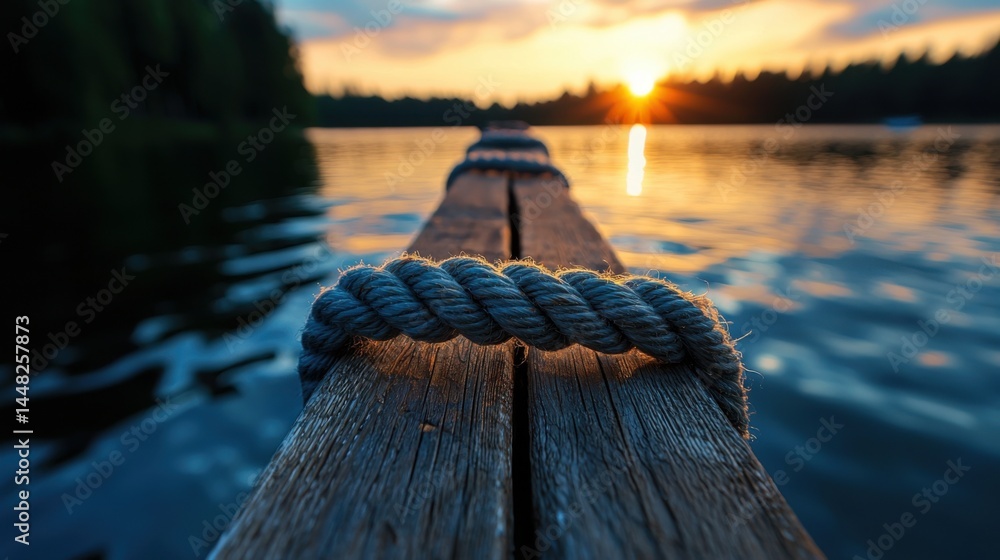 Fototapeta premium A rope is tied to a wooden post in the water. The rope is tied to the post in a way that it is not visible. The water is calm and the sun is setting
