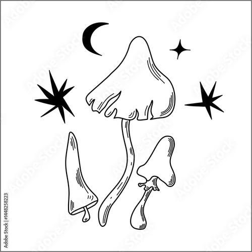 Mystical Mushrooms, Boho Psychedelic Line Art Illustration