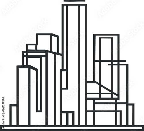 Outline illustration of a modern city skyline with multiple skyscrapers and highrise buildings