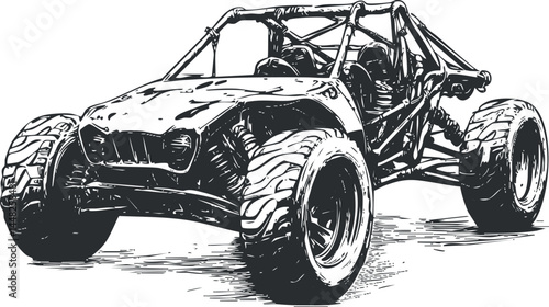 Black and white sketch of an offroad buggy car with large tires designed for rough terrain and adventure racing