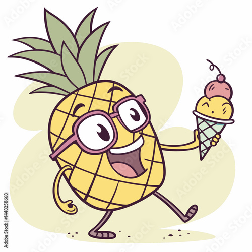 Cool Pineapple Wearing Glasses Holding Ice Cream – Fun Tropical Fruit Cartoon Vector Design