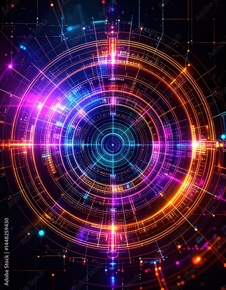 Obraz premium An abstract technology background featuring luminous circles and vibrant dots, creating a dynamic and futuristic atmosphere with a sense of depth and movement.