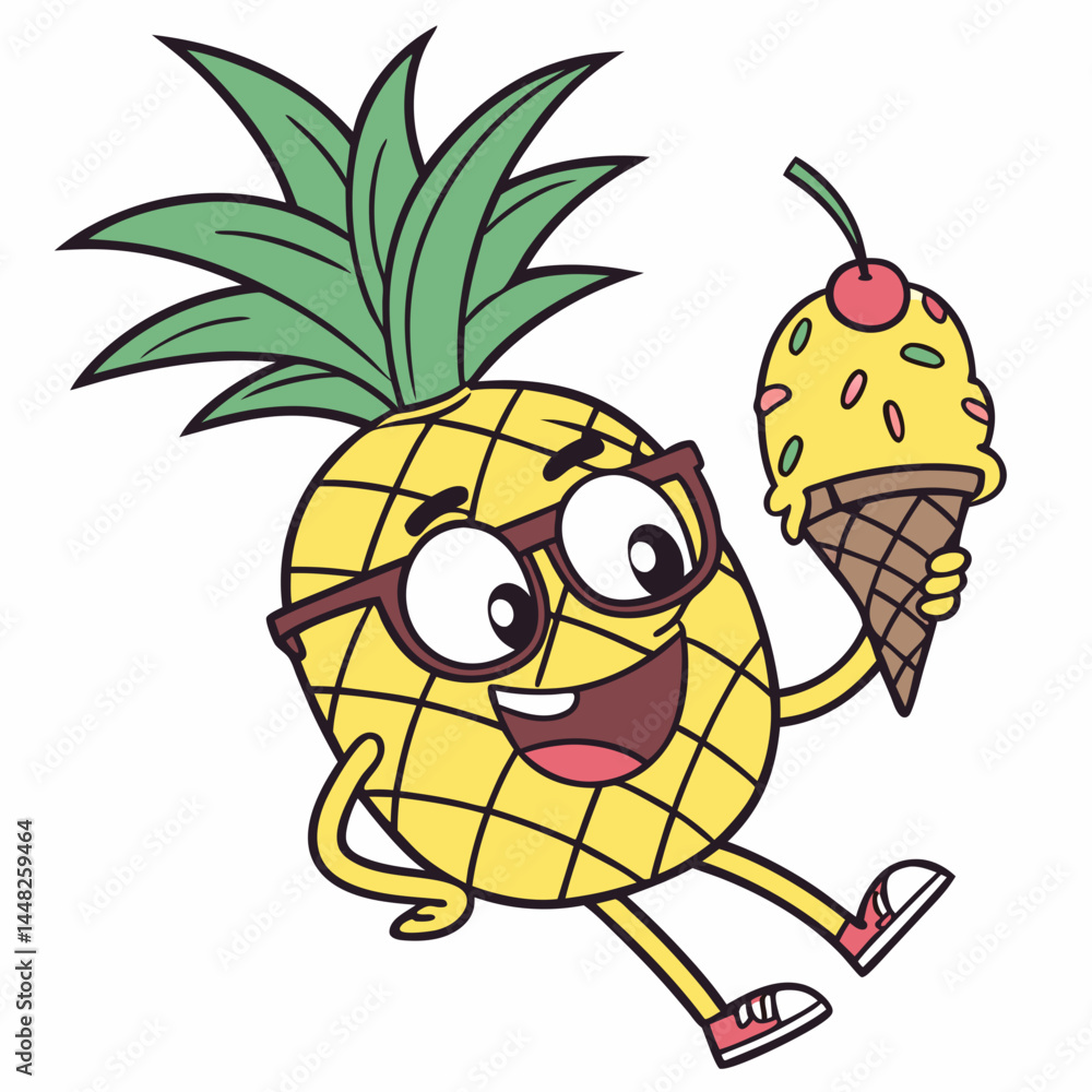 Fototapeta premium Cool Pineapple Wearing Glasses Holding Ice Cream – Fun Tropical Fruit Cartoon Vector Design