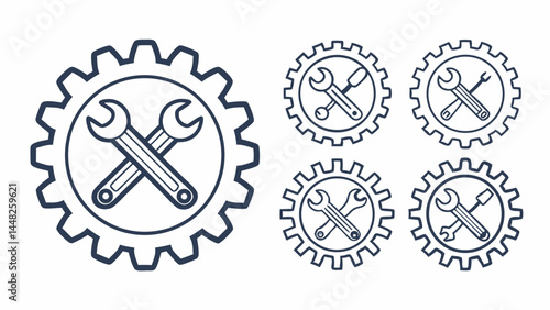 Set of Gear Icons with Crossed Wrenches and Tools for Repair and Maintenance