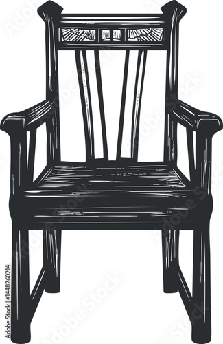 Black and white illustration of a classic wooden armchair with armrests and a backrest isolated on white background