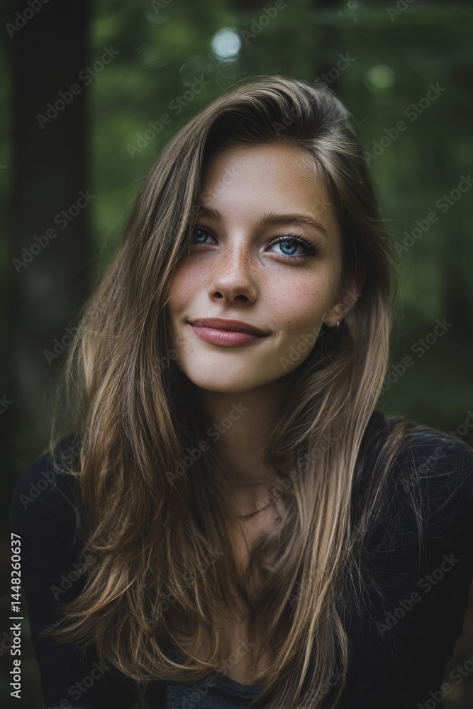 Obraz premium A portrait of a young woman with long hair and captivating blue eyes smiles at the camera.