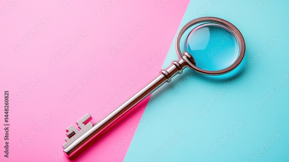 Magnifying glass key on pink and blue background Magnifying glass key on pink and blue background