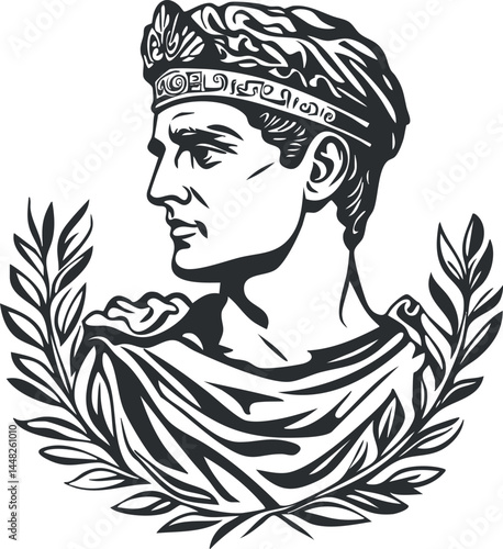 Black and white vector illustration of an ancient Roman emperor profile with laurel wreath and crown.