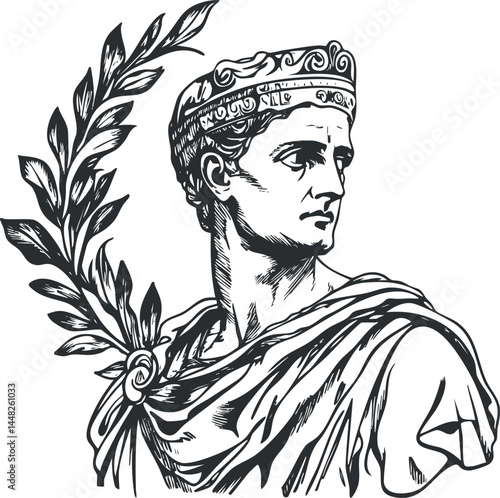 Black and white illustration of a Roman emperor wearing a laurel wreath and traditional robes in profile.