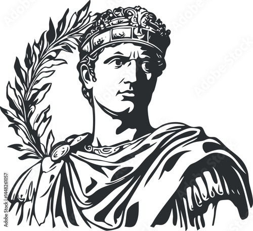 Illustration of a Roman emperor wearing a crown and laurel wreath symbolizing power and victory