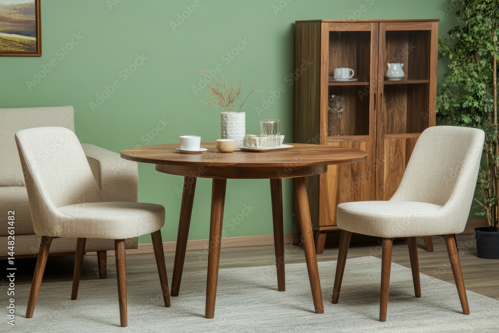 Elegant dining room interior with wooden table chairs and cabinet against green wall Elegant dining room interior with wooden table chairs and cabinet against green wall