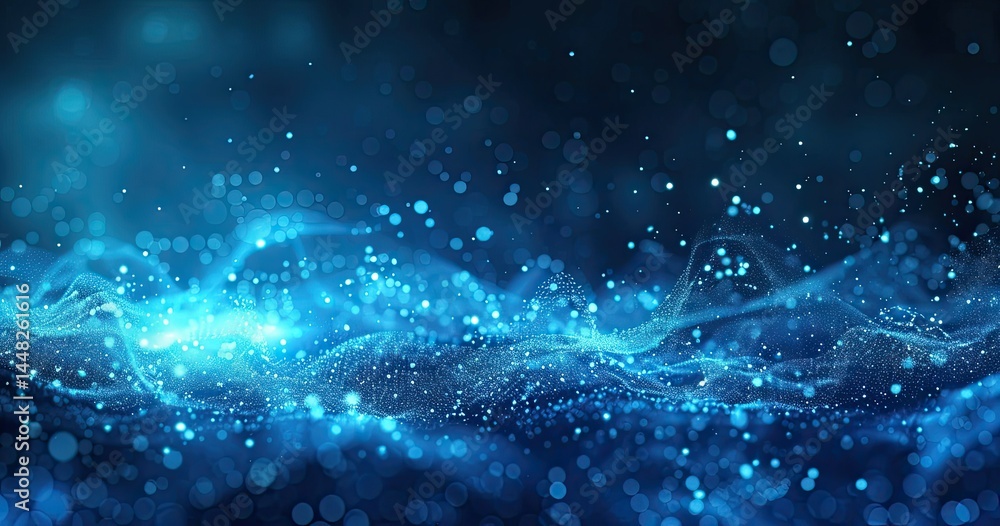 Fototapeta premium Abstract blue background with sparkling particles and flowing waves.