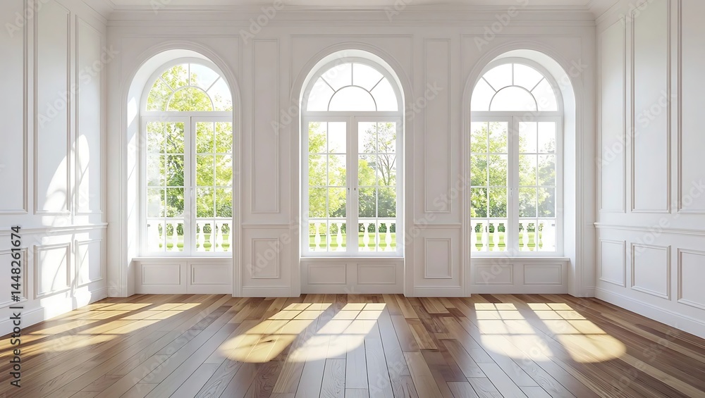 Fototapeta premium Bright Sunlit Room with Three Arch Windows and White Walls