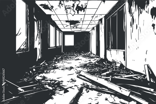 Abandoned dilapidated hallway with debris and broken ceiling inside a ruined building interior