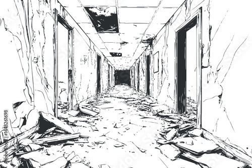 Black and white sketch of an abandoned, dilapidated hallway with broken ceiling and debris on floor