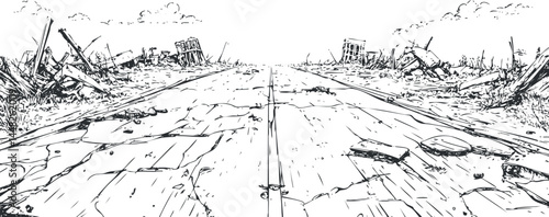 Black and white sketch of a destroyed road surrounded by rubble and ruined buildings in a post-apocalyptic landscape.