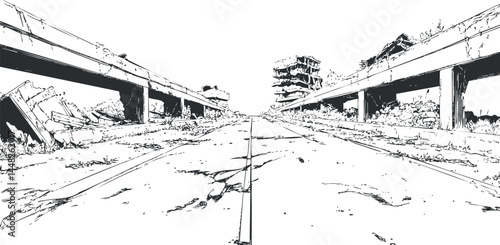 Black and white sketch of a postapocalyptic scene showing a cracked empty highway with ruined bridges and destroyed buildings in the distance.