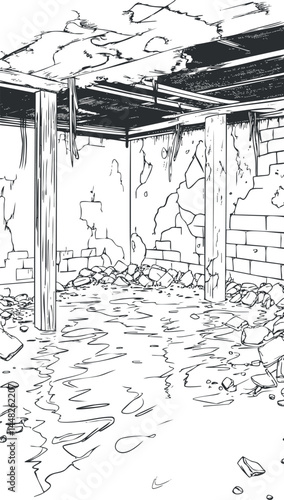 Flooded basement interior with cracked walls, broken ceiling, and standing water damage