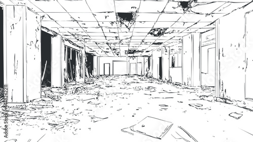 Black and white sketch of an abandoned and dilapidated building interior with debris and broken ceiling panels
