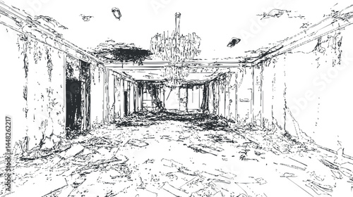 Interior of an abandoned and dilapidated room with a broken chandelier and debris scattered on the floor