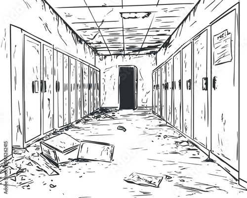 Black and white illustration of an abandoned school hallway with damaged lockers and debris on the floor