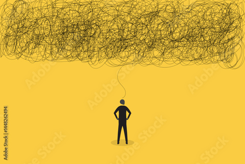 Businessman employee with anxiety busy line over his head. concept of Stress at work, exhausted from overworked and too many problems or frustrated and paranoia office worker