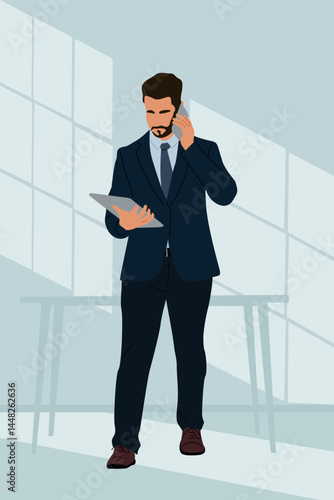 Business man in suit standing in modern office, talking on cell phone, holding tablet. Concept of professionalism and productivity. Flat vector illustration