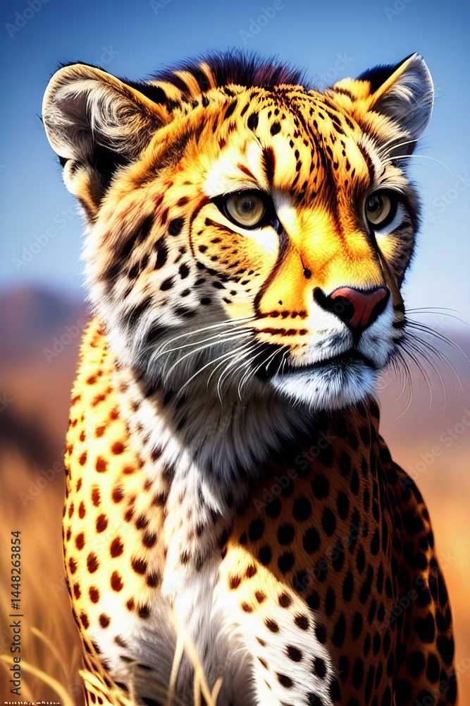 Fototapeta premium Close-up of a cheetah's spotted fur, showing its unique pattern and texture. Its ears are visible, indicating its alertness. The background is blurred, as are the natural colors of its habitat