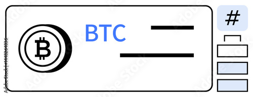 Circular Bitcoin logo alongside BTC text, horizontal lines, and navigation sidebar. Ideal for cryptocurrency, fintech, technology, blockchain, user interface, finance and simple landing page
