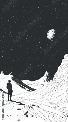 Black and white illustration of an astronaut standing on a rocky alien landscape under a starry sky with a distant planet visible
