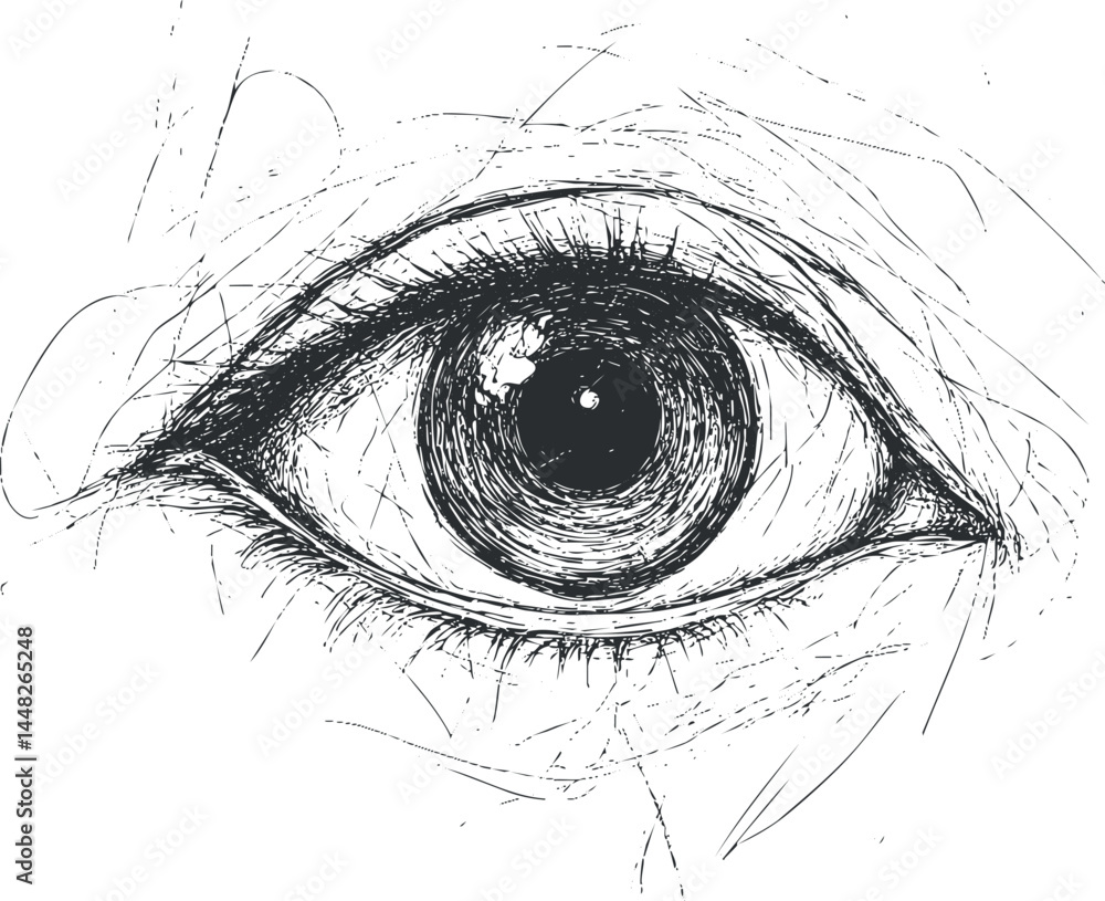 Obraz premium Hand-drawn sketch of a human eye with detailed iris, eyelashes, and eyelid in black and white.