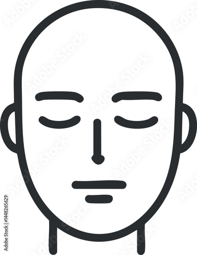 Minimalist black and white outline of a bald human face with closed eyes and calm expression