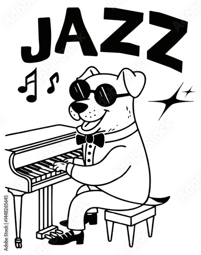 Dog plays jazz on piano.
