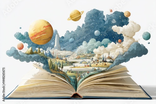 An open book unveils a vibrant dream world filled with planets, clouds, and serene landscapes, inviting imagination and exploration