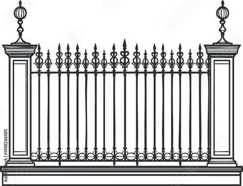 Ornate black wrought iron gate with vertical bars and decorative spikes on stone pillars